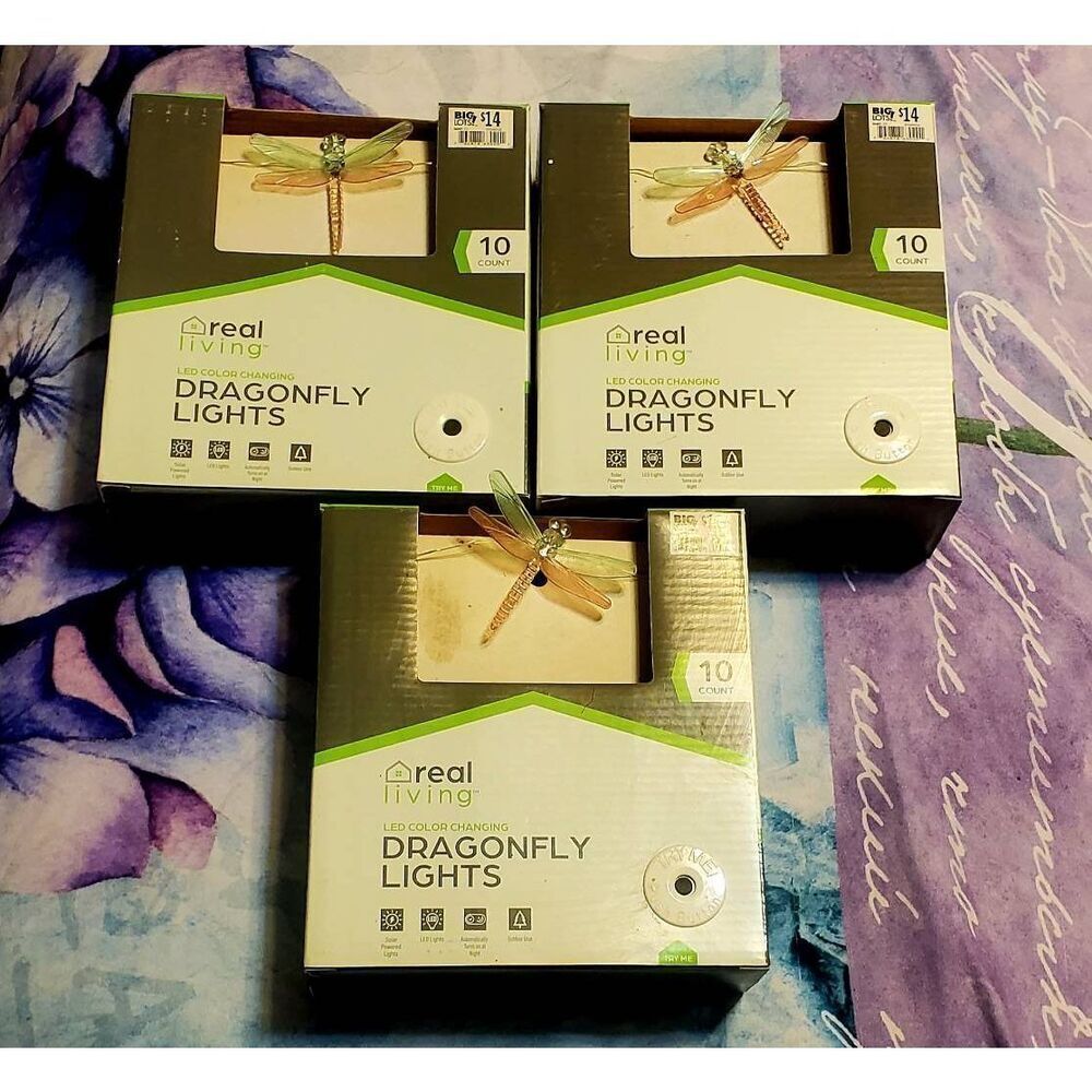 NEW IN BOX REAL LIVING DRAGONFLY SOLAR LIGHTS SET OF 3